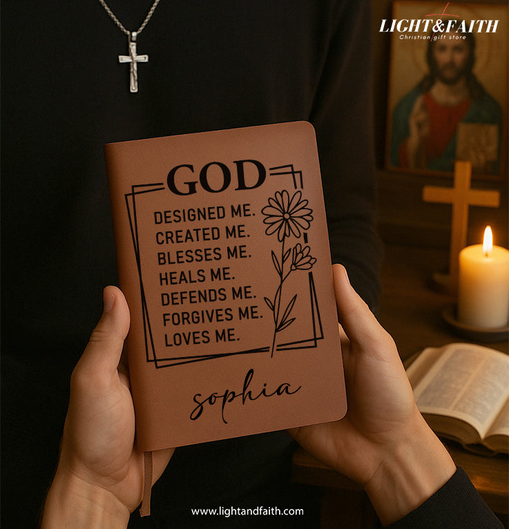 Personalized Christian Journal with “God Designed Me” Inspirational Quote, Custom Name Prayer & Faith Notebook, Religious Gift, First Communion Gifts, Birthday. NBLAF17